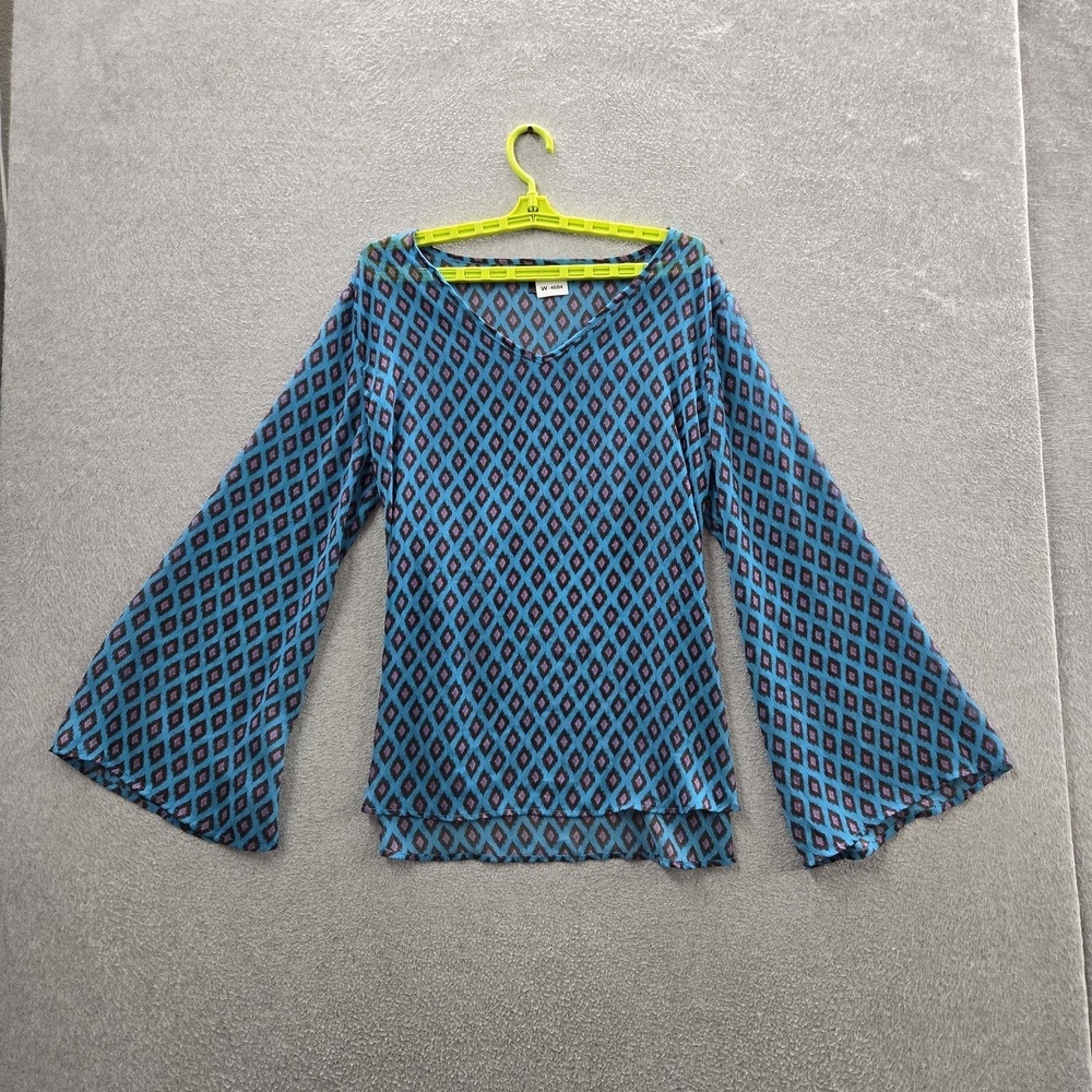Rock 47 Women Blouse L Blue Geometric Chiffon Bell Sleeve Pullover